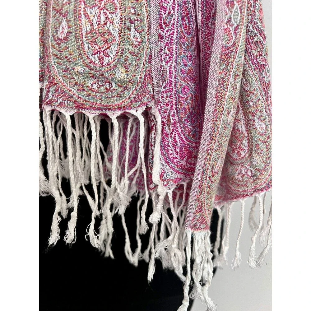 Soft Ivory Paisley Floral Scarf 100% Cashmere Boho Casual Colorful Pink Border
